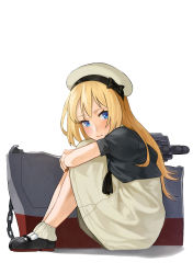 Rule 34 | 1girl, absurdres, black footwear, blonde hair, blue eyes, blue sailor collar, chain, dress, full body, gloves, gom (kooskoo), hat, highres, hugging own legs, jervis (kancolle), kantai collection, looking at viewer, machinery, mary janes, sailor collar, sailor dress, sailor hat, shoes, short sleeves, simple background, sitting, solo, white background, white dress, white gloves, white hat