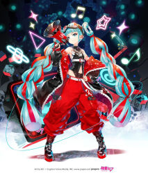 Rule 34 | 1girl, alternate costume, alternate hairstyle, aqua eyes, aqua hair, black background, boots, chain, chain necklace, cross-laced footwear, flat chest, full body, goggles, goggles on head, hand on own hip, hatsune miku, jacket, kei (keigarou), lace-up boots, latex, long hair, magical mirai miku, megaphone, musical note, navel, necklace, official art, piapro, red nails, smile, twintails, very long hair, vocaloid, white background
