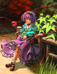 Rule 34 | 1girl, bobby socks, bow, breasts, brown footwear, eyeball, fence, forest, frilled skirt, frills, full body, hairband, heart, highres, komeiji satori, leaning back, crossed legs, light smile, long sleeves, nature, outdoors, path, puffy sleeves, purple eyes, purple hair, road, shirt, shoes, short hair, skirt, small breasts, socks, solo, standing, syuraime 0, taut clothes, taut shirt, third eye, touhou