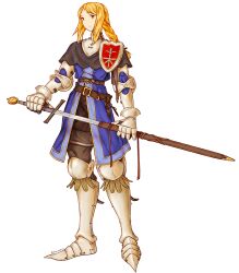 Rule 34 | 1girl, absurdres, agrias oaks, armor, armored boots, artist name, belt, blonde hair, boots, braid, final fantasy, final fantasy tactics, full body, gauntlets, highres, holding, holding weapon, holster, knight, long hair, marchbell, official style, shoulder armor, solo, standing, sword, weapon, white background, yellow eyes