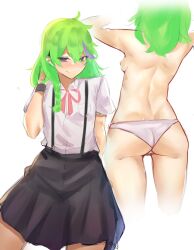 Rule 34 | absurdres, ass, back, bad id, bad twitter id, borrowed character, braid, breast pocket, deccatezu, green hair, highres, multicolored hair, original, overalls, panties, pocket, purple hair, shirt, single braid, skirt, smile, thighs, tooth, topless, two-tone hair, underwear, wedgie, white panties, white shirt, wristband