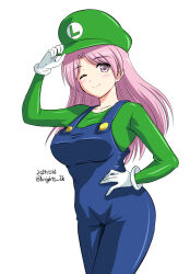 1girl blue_overalls breasts cosplay gloves green_hat green_shirt hat kantai_collection kishi_nisen large_breasts long_hair luigi luigi_(cosplay) luigi_di_savoia_duca_degli_abruzzi_(kancolle) mario_(series) name_connection nintendo one_eye_closed overalls pink_eyes pink_hair shirt smile solo very_long_hair white_gloves