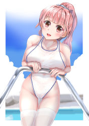 Rule 34 | 1girl, breast press, breasts, competition swimsuit, large breasts, long hair, mashinatsu, one-piece swimsuit, original, pink hair, ponytail, red eyes, reiji-sss, solo, swimsuit, thighhighs