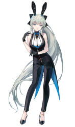 Rule 34 | 1girl, absurdly long hair, animal ears, anklet, bare shoulders, black bow, black footwear, black gloves, black pants, black vest, blue eyes, bow, bowtie, braid, breasts, cleavage, coattails, fake animal ears, fate/grand order, fate (series), french braid, full body, gloves, grey hair, hair bow, highres, jewelry, large breasts, long hair, looking at viewer, morgan le fay (fate), pants, ponytail, revision, sidelocks, solo, tachi-e, very long hair, vest, vivi (eve no hakoniwa)