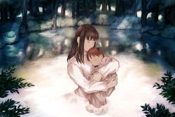 Rule 34 | 1boy, 1girl, baby, brown hair, carrying, forest, from behind, hetero, highres, horns, kiss, maeka (kumaekake), mono (shadow of the colossus), nature, partially submerged, pond, red hair, shadow of the colossus, sleeping, spoilers, wander (shadow of the colossus)
