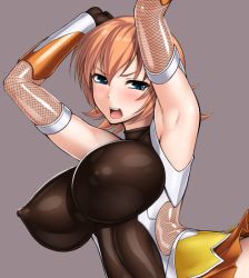 Rule 34 | 00s, 1girl, armpits, arms up, blue eyes, blush, bracer, breasts, covered erect nipples, female focus, fishnets, huge breasts, igawa sakura, impossible clothes, large breasts, looking at viewer, open mouth, orange hair, rindou (radical dream), short hair, skin tight, solo, taimanin (series), taimanin asagi, toned, upper body, wide hips