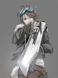 Rule 34 | 1990s (style), 1boy, belt, black gloves, blue eyes, brown hair, buckle, chain, dissidia final fantasy, er-mint, final fantasy, final fantasy viii, gloves, goggles, goggles on head, gunblade, jacket, lens flare, looking at viewer, male focus, scar, shirt, solo, squall leonhart, weapon, white shirt