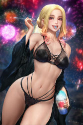 Rule 34 | 1girl, black bra, black kimono, black panties, blonde hair, bra, breasts, collarbone, commentary, dutch angle, english commentary, firework background, fireworks, gradient hair, hair bun, high-waist panties, holding, japanese clothes, kimono, kitagawa marin, lingerie, long hair, looking at viewer, medium breasts, multicolored hair, navel, neoartcore, off shoulder, panties, parted bangs, red eyes, red hair, sidelocks, single hair bun, solo, sono bisque doll wa koi wo suru, tongue, tongue out, underwear