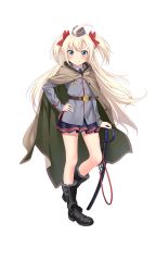 Rule 34 | 1girl, ahoge, black footwear, blonde hair, blue eyes, blue skirt, boots, cape, crop top, formation girls, full body, hair ribbon, hand on own hip, highres, long hair, looking at viewer, military, military uniform, olga hodrewa, pleated skirt, red ribbon, ribbon, sheath, sheathed, skirt, smile, solo, standing, sword, tenkuu nozora, transparent background, twintails, uniform, very long hair, weapon