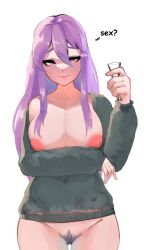 Rule 34 | 1girl, absurdres, bottomless, breasts, breasts out, closed mouth, cowboy shot, cup, doki doki literature club, drinking glass, english text, eyebrows hidden by hair, eyeshadow, female focus, female pubic hair, glass, grey shirt, hair between eyes, hair ornament, heart, heart-shaped pupils, highres, holding, holding cup, inverted nipples, large areolae, large breasts, lips, long hair, looking at viewer, makeup, narrowed eyes, nipples, no bra, no panties, no pants, nose, open clothes, pubic hair, purple eyes, purple hair, purple pubic hair, pussy, reborns, red lips, shirt, sweater, symbol-shaped pupils, thighs, very long hair, white background, yuri (doki doki literature club)