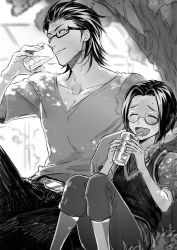 Rule 34 | 10s, 2boys, artist name, bad id, bad pixiv id, belt, blurry, blush, collarbone, depth of field, closed eyes, glasses, greyscale, hair slicked back, ice, ice cube, idolmaster, idolmaster side-m, kurono genbu, looking at another, male focus, monochrome, multiple boys, okamura nao, shade, sitting, smile, sweater vest, tree