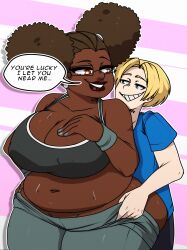 Rule 34 | 1boy, 1girl, absurdres, afro puffs, ass, blonde hair, blue eyes, breasts, brown hair, couple, dark-skinned female, dark skin, double bun, earrings, english text, fat, gittlog, glasses, hair bun, height difference, highres, huge ass, huge breasts, interracial, jewelry, large breasts, looking at another, nail polish, orange eyes, original, plump, short hair, smile, speech bubble, sports bra, teeth, thick thighs, thighs, undressing, very dark skin, wide hips, wristband