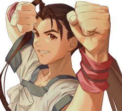 Rule 34 | 1boy, asagi (banzoku210), black hair, clenched hand, closed mouth, fei fong wong, fighting stance, grin, highres, long hair, male focus, ponytail, simple background, single hair intake, smile, solo, twitter username, upper body, white background, xenogears
