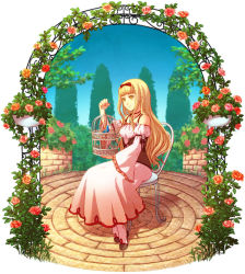 Rule 34 | 1girl, blonde hair, cage, chair, detached sleeves, dress, female focus, flower, gensou suikoden, gensou suikoden v, jewelry, long hair, luserina barows, milk1110, necklace, plant, sitting, solo, yellow eyes