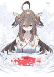 Rule 34 | 10s, 1girl, ahoge, bare shoulders, blue eyes, breasts, brown hair, cleavage, detached sleeves, double bun, hair bun, headgear, highres, in water, kantai collection, kongou (kancolle), long hair, nontraditional miko, simple background, smile, solo, tansuke