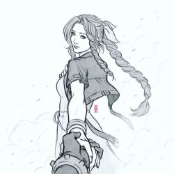 Rule 34 | 1girl, aerith gainsborough, braid, braided ponytail, closed mouth, cloud strife, commentary, cropped jacket, dress, english commentary, final fantasy, final fantasy vii, final fantasy vii rebirth, final fantasy vii remake, hair ribbon, holding hands, jen bartel, looking at viewer, looking back, monochrome, parted bangs, pov, pov hands, ribbon, sidelocks, signature, sketch