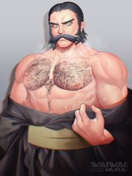 Rule 34 | 1boy, abs, absurdres, artist logo, bara, bare pectorals, bare shoulders, beard, biceps, black hair, black kimono, blurry, blush, brown eyes, chest hair, closed mouth, creatures (company), depth of field, facial hair, frown, game freak, highres, japanese clothes, kamado (pokemon), kimono, large pectorals, looking down, male focus, mature male, mustache, nintendo, nipples, partially undressed, pectorals, pokemon, pokemon legends: arceus, sash, short hair, sideburns, simple background, solo, steam from mouth, sweatdrop, thick eyebrows, undressing, upper body, waiwai mura, yellow sash