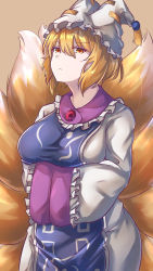 Rule 34 | 1girl, animal ears, animal hat, arms under breasts, blonde hair, breasts, brown background, cowboy shot, dress, expressionless, fox ears, fox tail, frills, hair between eyes, hands in opposite sleeves, hat, highres, large breasts, looking at viewer, mirufui, mob cap, multiple tails, mob cap, short hair, simple background, solo, tabard, tail, touhou, white dress, yakumo ran, yellow eyes