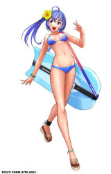 Rule 34 | 1girl, ahoge, ankle cuffs, anklet, bikini, blue bikini, blue eyes, blue hair, flower, full body, hibiscus, jewelry, kickboard, legs, long legs, matching hair/eyes, original, polka dot, polka dot bikini, polka dot swimsuit, ryu (ryu&#039;s form site), sandals, side ponytail, simple background, solo, swimsuit, toes, white background
