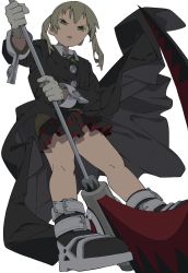 Rule 34 | 1girl, black coat, black skirt, blonde hair, coat, film grain, gloves, green eyes, highres, holding, holding scythe, holding weapon, long hair, looking at viewer, maka albarn, open mouth, patterned, patterned clothing, scythe, simple background, skirt, solo, soul eater, striped, triangle mouth, twintails, weapon, white background, white gloves, yaya hiyayaka