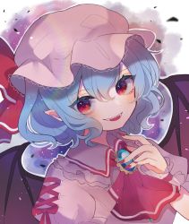 Rule 34 | 1girl, ascot, bat wings, blue hair, blush, bow, brooch, chikuwa (tikuwaumai ), collar, commentary request, cross-laced clothes, curly hair, dress, fangs, fingernails, floating hair, frilled collar, frilled shirt collar, frills, hat, hat ribbon, head tilt, highres, jewelry, lace, lace-trimmed headwear, lace trim, lens flare, light particles, long fingernails, looking at viewer, mob cap, nail polish, open mouth, pink dress, pointy ears, puffy short sleeves, puffy sleeves, rainbow, red ascot, red bow, red eyes, red nails, red ribbon, remilia scarlet, ribbon, short hair, short sleeves, sidelocks, smile, solo, touhou, upper body, wings, wrist cuffs