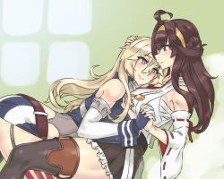 Rule 34 | 10s, 2girls, ahoge, belt, black skirt, blonde hair, blue eyes, breasts, brown eyes, brown hair, collarbone, couple, detached sleeves, garter straps, hair between eyes, hand on another&#039;s head, headgear, holding hands, huge breasts, iowa (kancolle), kantai collection, kongou (kancolle), large breasts, long hair, looking at another, mizuumi (bb), multiple girls, nontraditional miko, remodel (kantai collection), skirt, star-shaped pupils, star (symbol), striped clothes, striped legwear, striped thighhighs, symbol-shaped pupils, thighhighs, vertical-striped clothes, vertical-striped thighhighs, yuri