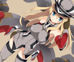 Rule 34 | 10s, 1girl, bad id, bad nicoseiga id, bismarck (kancolle), blonde hair, blue eyes, blush, breasts, brown gloves, cross, detached sleeves, gloves, grey thighhighs, hat, highres, iron cross, kantai collection, katsudansou, large breasts, long hair, looking at viewer, military, military hat, military uniform, peaked cap, personification, solo, thighhighs, uniform