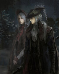Rule 34 | 2girls, ascot, black coat, black pants, bloodborne, bonnet, boots, cape, coat, double-blade, gem, gloves, hat, hat feather, highres, holding, holding weapon, knee boots, lady maria of the astral clocktower, long hair, looking at viewer, multiple girls, pants, plain doll, ponytail, rakuyo (bloodborne), sword, tricorne, weapon, zhuoxin ye