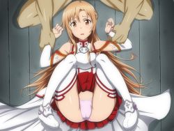Rule 34 | 10s, 1boy, 1girl, arm grab, armpits, asuna (sao), bare shoulders, brown eyes, brown hair, cameltoe, clothed female nude male, clothes lift, crotch, forced, from above, full body, hands up, holding, holding another&#039;s wrist, imminent rape, indoors, long hair, looking at viewer, lying, nude, on back, on floor, open mouth, panties, parted lips, restrained, skirt, skirt lift, solo focus, sword art online, tears, thighhighs, underwear, upskirt, white thighhighs