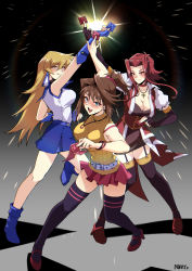 Rule 34 | 3girls, bare legs, belt, blonde hair, blush, boots, bracelet, breasts, brown eyes, brown hair, cleavage, condom, curvy, elbow gloves, fingerless gloves, garter straps, gloves, green eyes, hair ornament, high heels, highres, izayoi aki, jewelry, large breasts, long hair, looking at viewer, mazaki anzu, mibry (phrysm), miniskirt, multiple girls, necklace, obelisk blue uniform, parody, ponytail, puffy sleeves, red eyes, red hair, shiny skin, short sleeves, skirt, sleeveless, tenjouin asuka, thighhighs, time paradox, tongue, tongue out, yu-gi-oh!, yu-gi-oh! 5d&#039;s, yu-gi-oh! duel monsters, yu-gi-oh! duel monsters gx, yu-gi-oh! gx, yu-gi-oh! the dark side of dimensions