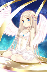 Rule 34 | 1girl, angel, angel wings, bare shoulders, barefoot, bekotarou, blonde hair, blue eyes, blush, breasts, cage, clothing cutout, collarbone, dress, feathered wings, feathers, flower, hair flower, hair ornament, highres, jewelry, long hair, looking at viewer, navel, navel cutout, open mouth, original, sitting, sky, small breasts, solo, star (sky), starry sky, wings
