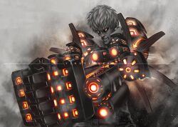 Rule 34 | 1boy, artist name, black sclera, clenched teeth, colored sclera, cyborg, genos, male focus, one-punch man, orange eyes, short hair, solo, teeth, vinrylgrave