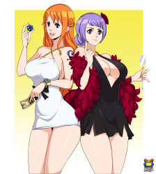 Rule 34 | 2girls, absurdres, alcohol, ass-to-ass, breasts, carina (one piece), champagne, cleavage, dress, drink, highres, kyoffie, money, multiple girls, nami (one piece), one piece, orange hair, purple hair, tattoo