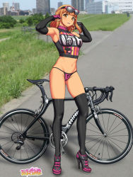 Rule 34 | 1girl, amagamido, armpits, bicycle, bike jersey, bikini, bikini bottom only, black thighhighs, blurry, blurry background, brown hair, contrapposto, day, elbow gloves, eyewear on head, finger in ear, fingerless gloves, gloves, gyaru, gyaru bi (amagamido), high heel sneakers, high heels, highres, kogal, lipgloss, long hair, looking at viewer, nanase-chan ntr!, navel, open mouth, outdoors, photo background, revealing clothes, solo, sportswear, standing, sunglasses, swimsuit, thighhighs, uniform, yellow eyes, zipper