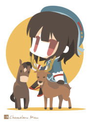 Rule 34 | 10s, 1girl, bad id, bad pixiv id, black hair, chameleon man (three), chibi, deer, flat color, hat, headpat, horse, kantai collection, no lineart, red eyes, short hair, sitting, solo, takao (kancolle)