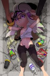 Rule 34 | 1girl, 1other, arms up, black-framed eyewear, black pants, brown vest, can, collarbone, cup, dark skin, drinking straw, glasses, groin, highres, inkling, inkling girl, inkling player character, isamu-ki (yuuki), long hair, lying, mole, mole above eye, navel, nintendo, no bra, on back, one breast out, open clothes, open fly, open vest, pants, pinned, pointy ears, purple eyes, purple hair, shirt, signature, solo focus, splatoon (series), splatoon 2, splatoon 2: octo expansion, sweat, tank top, tentacle hair, vest, white headwear, white shirt, wide-eyed