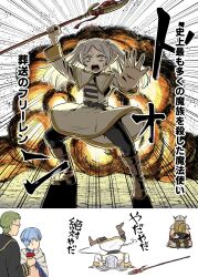 Rule 34 | 1girl, 3boys, 4shi, beard, belt, black belt, black pants, blue hair, boots, breakdance, brown footwear, capelet, character name, dress, dungeon meshi, eisen (sousou no frieren), elf, explosion, facial hair, floating clothes, floating hair, frieren, glasses, green eyes, green hair, handstand, heiter, highres, himmel (sousou no frieren), holding, holding staff, knee boots, long beard, long pointy ears, long sleeves, mage staff, marcille breakdance (meme), meme, multiple boys, nervous sweating, open mouth, pants, parody, pointy ears, scene reference, season connection, sousou no frieren, species connection, staff, sweat, sweatdrop, tantrum, trait connection, translated, twintails, walking mushroom (dungeon meshi), white capelet, white dress, white hair, wok