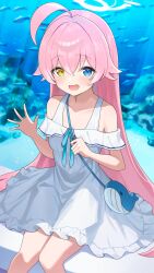 Rule 34 | 1girl, absurdres, ahoge, aquarium, bag, blue archive, blue eyes, blush, commentary request, dress, fish, frilled dress, frills, hair between eyes, halo, heterochromia, highres, hoshino (blue archive), kokoa of, long hair, looking at viewer, official alternate costume, open mouth, pink hair, pink halo, shoulder bag, sitting, smile, solo, white dress, yellow eyes