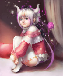 Rule 34 | 10s, 1girl, beads, black bow, black ribbon, blue eyes, bow, braid, capelet, closed mouth, curtains, dragon horns, dragon tail, from side, full body, fur collar, hair beads, hair bow, hair ornament, hair ribbon, highres, horns, hugging own legs, kanna kamui, kobayashi-san chi no maidragon, long hair, long sleeves, looking at viewer, low twintails, multicolored hair, own hands together, pillow, pink bow, purple hair, realistic, ribbon, sitting, smile, solo, sparkle, star (symbol), tail, thighhighs, twintails, two-tone hair, very long hair, white hair, white thighhighs, yuting pan