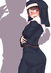 Rule 34 | 1boy, 1girl, :o, @ @, blush, brown eyes, brown hair, cowboy shot, crazy eyes, crossed arms, from behind, full-face blush, glasses, habit, long sleeves, looking back, nun, open mouth, original, partially colored, rimless eyewear, robe, ru2n131, self hug, short hair, silhouette, solo focus, sweatdrop, traditional nun, white background