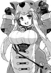 Rule 34 | 10s, 1girl, :d, animal costume, animal hat, animal hood, arms up, bad id, bad pixiv id, bag, bell, breasts, daetta (granblue fantasy), draph, fur trim, gloves, granblue fantasy, greyscale, hat, hood, horns, large breasts, long hair, long sleeves, looking at viewer, monochrome, open mouth, smile, solo, tail, yukinojou yakan