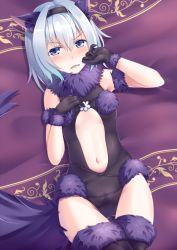 Rule 34 | 10s, 1girl, alternate costume, black gloves, black hairband, black legwear, blue eyes, blush, breasts, commentary request, cosplay, cowboy shot, embarrassed, fate/kaleid liner prisma illya, fate (series), from above, fur-trimmed leotard, fur trim, gloves, hair between eyes, hair intakes, hair ornament, hairband, halterneck, highres, indoors, legs together, leotard, looking at viewer, miyu edelfelt, miyu edelfelt (cosplay), navel, revealing clothes, ryuuou no oshigoto!, short hair, silver hair, small breasts, solo, sora ginko, v-shaped eyebrows, wavy mouth, white ph