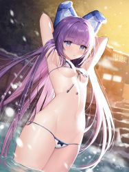 Rule 34 | 1girl, absurdres, animal ears, armpits, arms behind head, arms up, azur lane, bare shoulders, bikini, blue bow, blue eyes, blurry, blush, bow, bow bikini, breasts, closed mouth, commentary request, cowboy shot, day, fake animal ears, front-tie bikini top, front-tie top, gradient hair, groin, hair between eyes, highres, legs together, long hair, micro bikini, midriff, monini, multicolored hair, navel, outdoors, partially submerged, pink hair, purple hair, ripples, shiny skin, sidelocks, skindentation, small breasts, snowing, solo, standing, stomach, string bikini, swimsuit, tashkent (azur lane), thighs, underboob, very long hair, wading, water, white bikini, winter