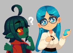 Rule 34 | 2girls, ?, ahoge, black ribbon, blue dress, blue eyes, blue hair, blush, cloak, collared shirt, colored sclera, colored skin, dress, earrings, glasses, green hair, green skin, grey background, holding, holding phone, jewelry, long hair, looking at another, lowres, minimilieu, multiple girls, open mouth, original, phone, red cloak, ribbon, shirt, simple background, smile, upper body, white shirt, wren (minimilleu), yellow sclera