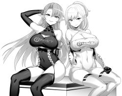 Rule 34 | 2girls, arm up, armpits, azur lane, bare shoulders, breasts, choker, cleavage, cleavage cutout, clothing cutout, collarbone, covered navel, criss-cross halter, duke of york (azur lane), duke of york (prestige of the glorious formula) (azur lane), elbow gloves, garter straps, gloves, greyscale, halterneck, highres, hori (hori no su), large breasts, leotard, monochrome, multiple girls, prince of wales (azur lane), prince of wales (the laureate&#039;s victory lap) (azur lane), race queen, simple background, sitting, thighhighs, thighs, underboob cutout, white background