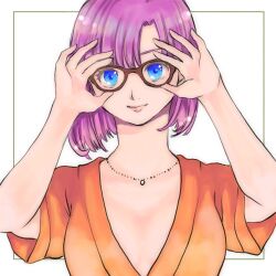 Rule 34 | 1girl, blue eyes, breasts, chrono trigger, closed mouth, funamince, glasses, highres, jewelry, looking at viewer, lucca ashtear, medium breasts, necklace, purple hair, short hair, smile, solo