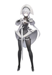 Rule 34 | 1girl, boots, breasts, commentary request, dress, floating, floating object, floating weapon, full body, grey dress, highres, km yama, long hair, looking at viewer, original, pale skin, silver hair, small breasts, solo, standing, sword, thigh boots, thighhighs, weapon, white background, yellow eyes