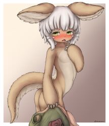 Rule 34 | 1other, aiasuru, ambiguous gender, animal ear fluff, animal ears, ass, baggy pants, blush, body fur, clothes pull, embarrassed, fluffy, furry, highres, huge ass, looking at viewer, looking back, made in abyss, nanachi (made in abyss), narehate, pants, pants pull, short hair, solo, tail, topless, whiskers, white hair, yellow eyes