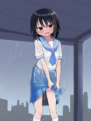 Rule 34 | 1girl, black eyes, black hair, blue neckerchief, blue sailor collar, blue skirt, blue sky, blush, breasts, cleavage, commentary request, cowboy shot, fang, grey sky, highres, kneehighs, medium hair, medium skirt, neckerchief, open mouth, original, pleated skirt, rain, sailor collar, sailor shirt, school uniform, see-through, see-through cleavage, serafuku, shirt, short sleeves, skirt, sky, socks, solo, standing, tawasiupa, wet, wet clothes, white shirt, white socks, wringing clothes