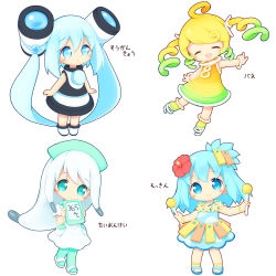 Rule 34 | 4girls, :o, ^ ^, ahoge, aikei ake, bangle, bare arms, black dress, blonde hair, blue dress, blue eyes, blue footwear, blue hair, blush, boots, bracelet, chibi, closed eyes, closed mouth, commentary request, digital thermometer, dress, facing viewer, flower, gradient dress, gradient footwear, gradient hair, green dress, green footwear, green hair, green headwear, green legwear, grey hair, hair between eyes, hair flower, hair ornament, hat, head tilt, hibiscus, highres, holding, instrument, jewelry, long hair, looking at viewer, looking away, mallet (instrument), multicolored hair, multiple girls, nurse cap, original, pantyhose, parted lips, personification, red flower, ringlets, sandals, shoes, short sleeves, sidelocks, simple background, sleeveless, sleeveless dress, smile, standing, temperature, thermometer, translation request, twintails, very long hair, white background, white dress, white footwear, xylophone, yellow dress, yellow flower, yellow footwear